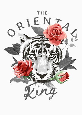 Tiger face and red roses