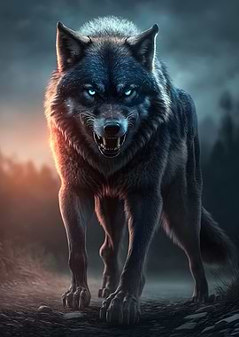 angry wild black wolf art