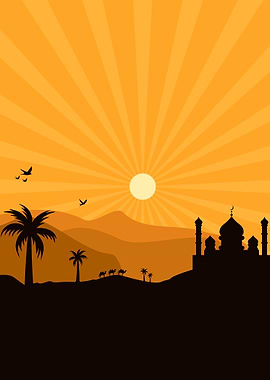 islamic sunset on desert