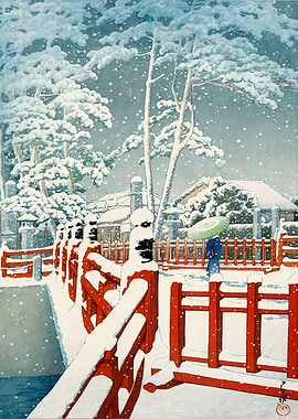 Ukiyo e Walking in Snow