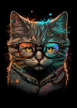 Cat Art Retro With Glasses