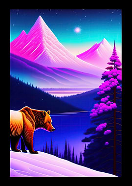 Pink Mountains And A Bear