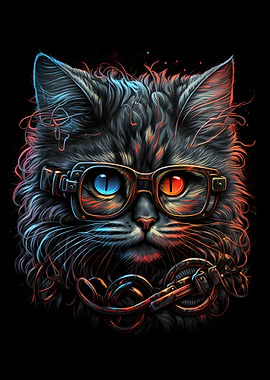 Retro Cat Art With Glasses