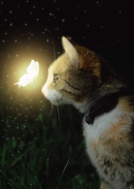 Cat and glowing butterfly