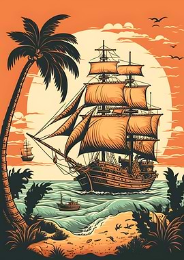 Ship and Sunset Vintage