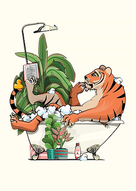 Tiger Reading in the Bath