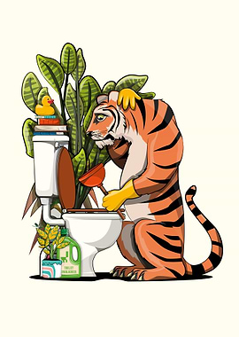 Tiger Cleaning the Toilet