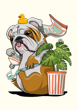 Bulldog brushing teeth