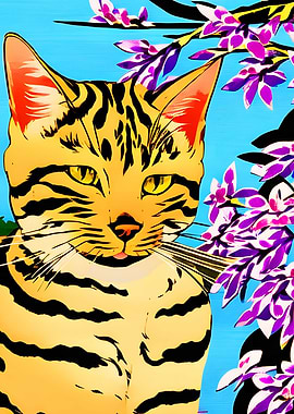 Bengal cat sitting flowers