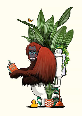 Orangutan using the toilet