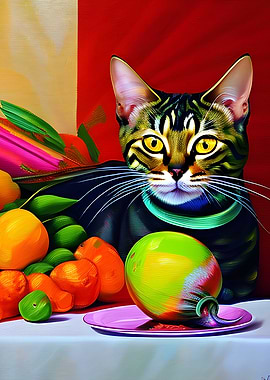 Bengal cat with fruits