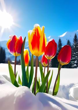 Red Yellow Tulips in Snow