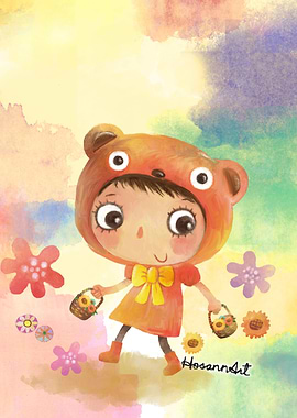 Bear Head Girl and Flowers