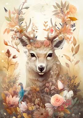 Art Dear With Flowers