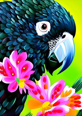 Black cockatoo with flower