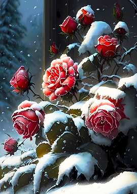 Red Rose Flowers in Snow