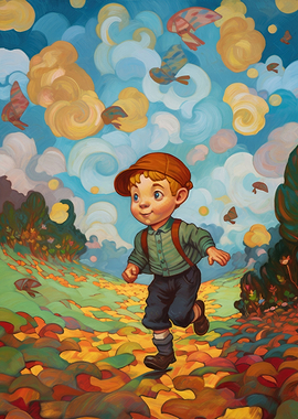 Oil painting running kid