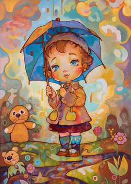 Oil painting kid umbrella