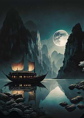 boat moon landscape