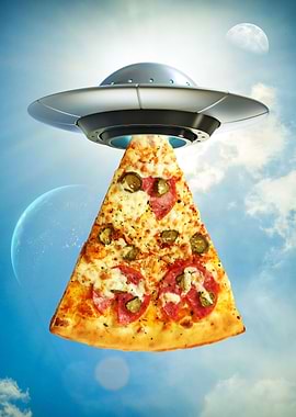 UFO abducting pizza slice