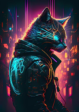 Cat Cyberpunk Neon Art