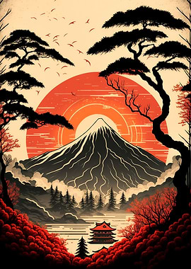 Red Sunset over Mount Fuji