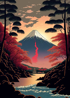 Red Sunset over Mount Fuji