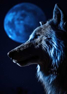 Blue Wolf with Blue Moon