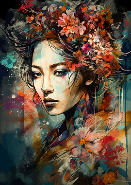 Japanese Geisha And Flower