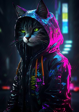 Cat Cyberpunk Neon Art