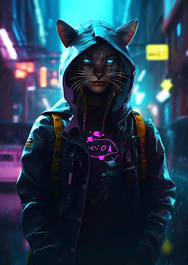 Cat Cyberpunk Neon Art