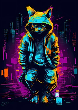 Cat Cyberpunk Neon Art