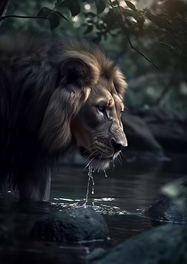 Water Drinking Lion