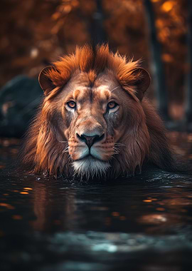 Lion Swimming in River