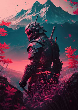 Cyan Red Japanese Samurai