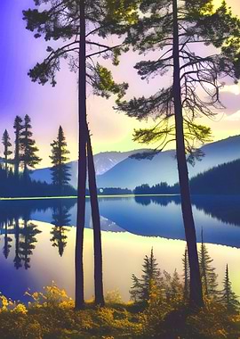 Forest at Lake by Mountain