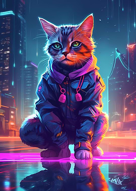 Cat Cyberpunk Neon Art