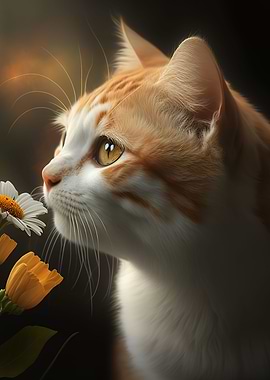 Cat smelling flowers