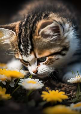 Cat smelling flowers
