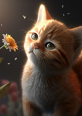 Cat smelling flowers