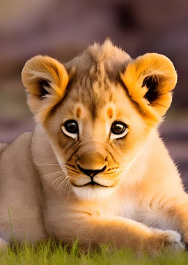 Baby lion laying in grass