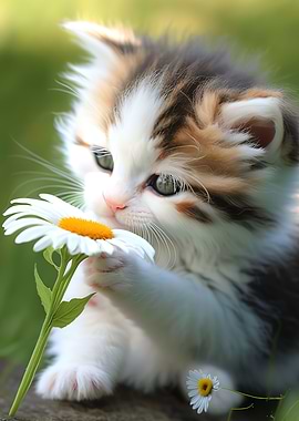 Cat smelling flowers