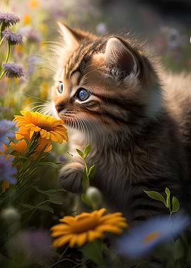 Cat smelling flowers