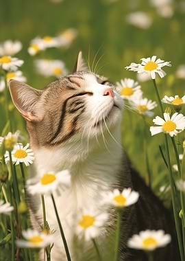 Cat smelling flowers