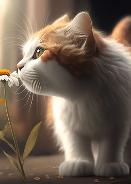 Cat smelling flowers