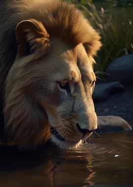Lion Water Drinking River