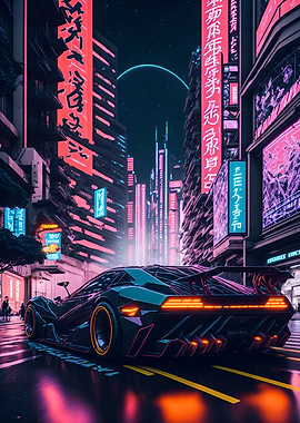 Dark Neon City Sports Car