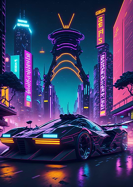Dark Neon City Sports Car