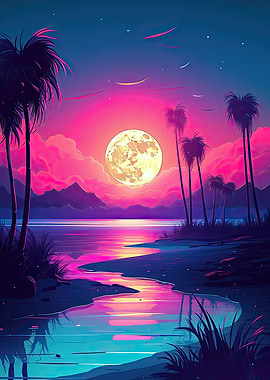 Moon Beach Vaporwave Art