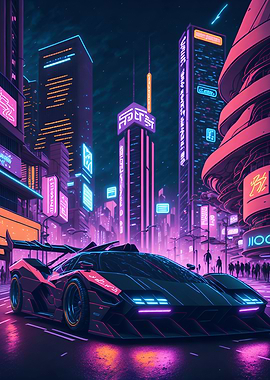 Dark Neon City Sports Car